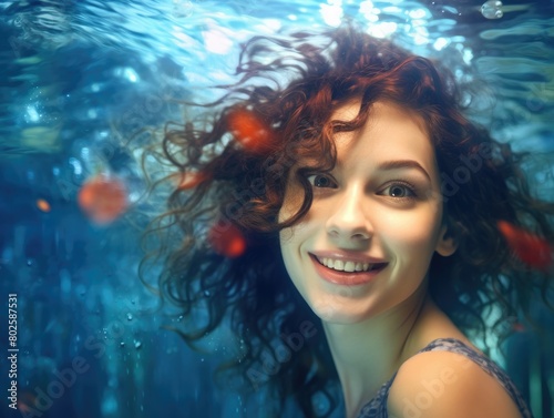 Smiling woman with curly hair underwater