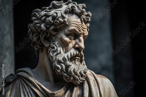 Dramatic stone sculpture of a bearded man with intense expression