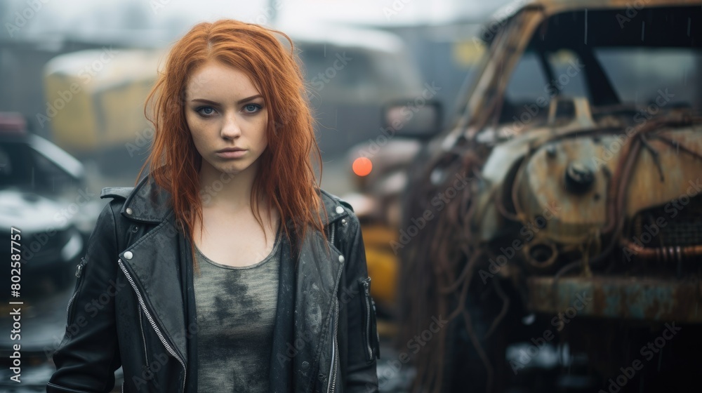 Redheaded woman in a leather jacket standing in front of a damaged car Redheaded woman in a leather jacket standing in front of a damaged car