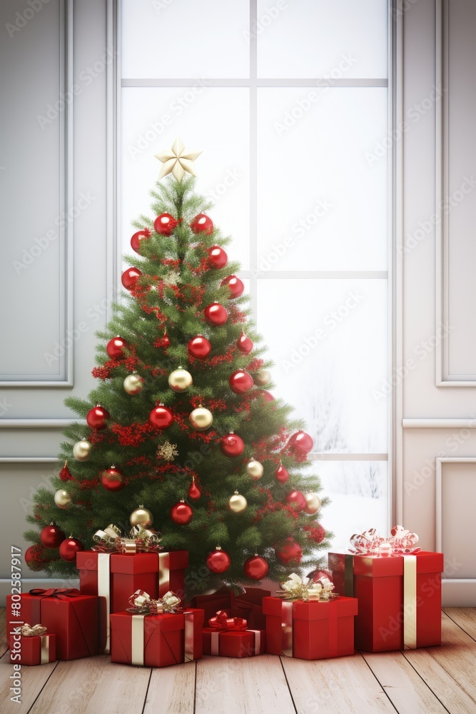 Festive Christmas tree with red and gold ornaments