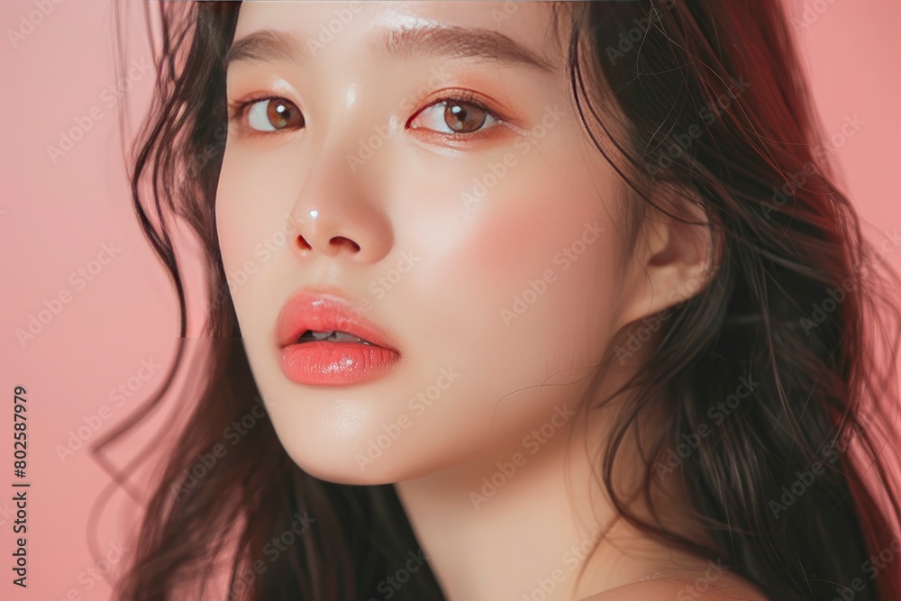 Young Asian woman long hair with natural makeup on face have plump lips and clean fresh skin on isolated one color background. Portrait of cute female model in studio - generative ai Young Asian woman long hair with natural makeup on face have plump lips and clean fresh skin on isolated one color background. Portrait of cute female model in studio - generative ai