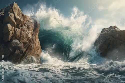 Powerful ocean waves crashing against rocky cliffs