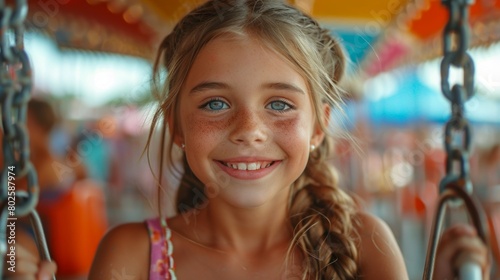 Joyful Young Girl Riding on a Carousel at a Carnival, Smiling Happily