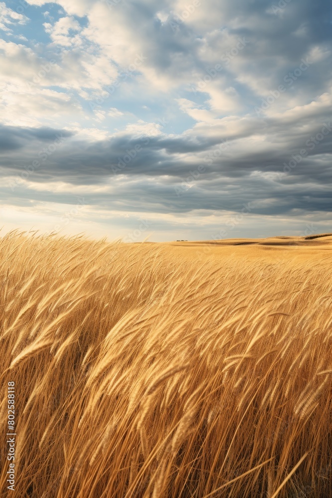 Vast golden wheat field under dramatic cloudy sky