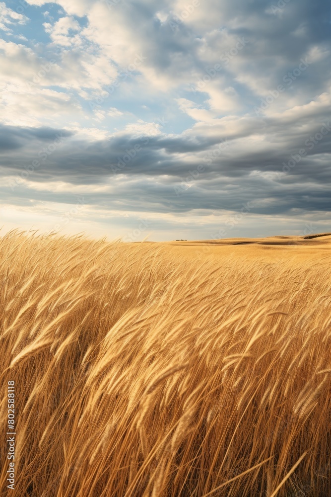 Vast golden wheat field under dramatic cloudy sky Vast golden wheat field under dramatic cloudy sky