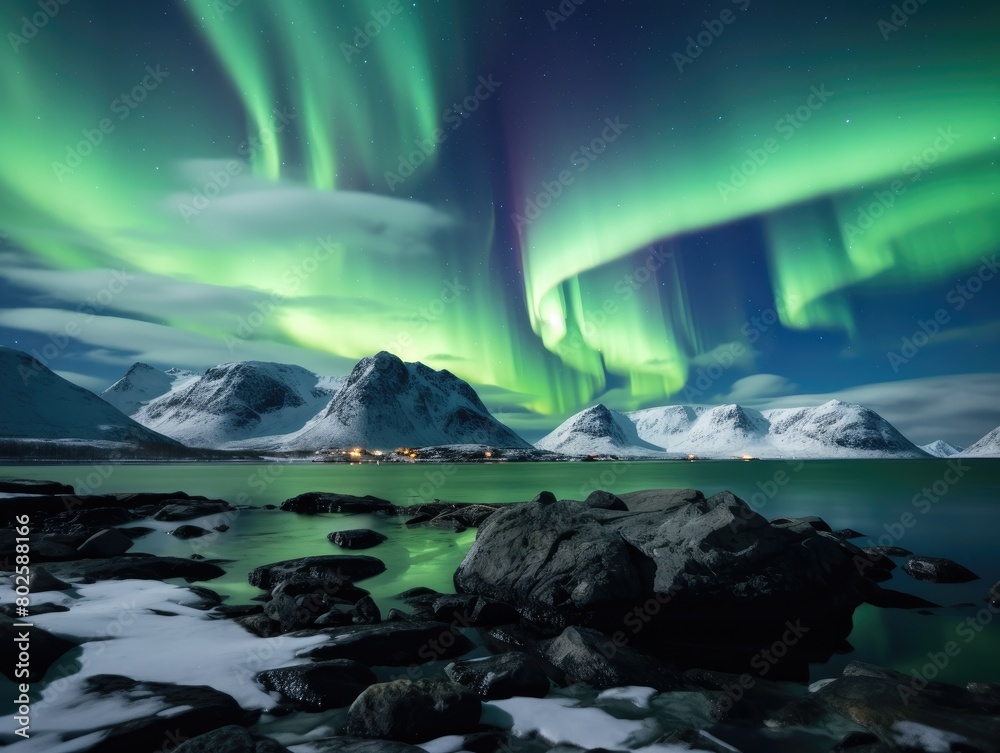 Stunning northern lights over snowy mountains and rocky coastline