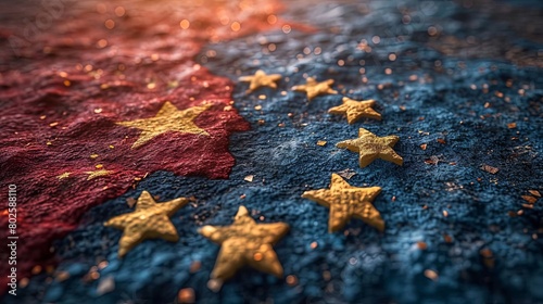Chinese and European Union Flags Interlaced on Textured Surface Under Golden Light photo
