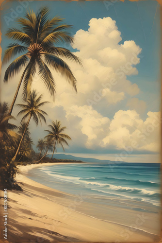 vintage painting art  beach with palms and clouds  vertical orientation