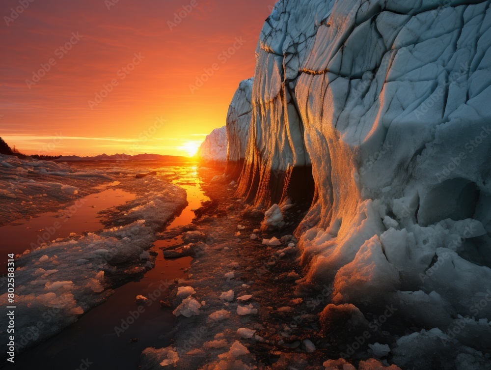 Dramatic sunset over frozen lake and snowy cliffs