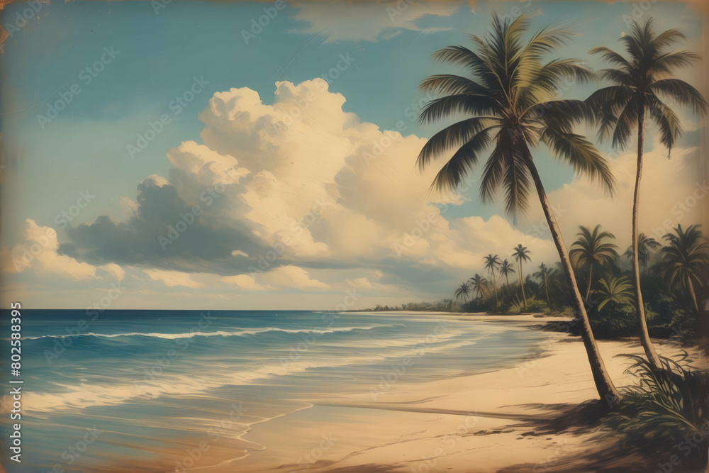 vintage painting art, beach with palms and clouds