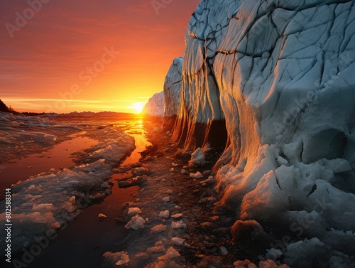 Dramatic sunset over frozen lake and snowy cliffs