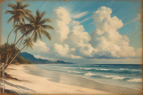 vintage painting art  beach with palms and clouds