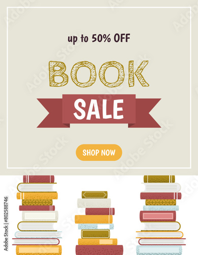 Vertical sale banner, advertising poster for bookstore, book fair or festival, Back to School designs. Vector illustration with pile of various books. E-book or e-library concept.