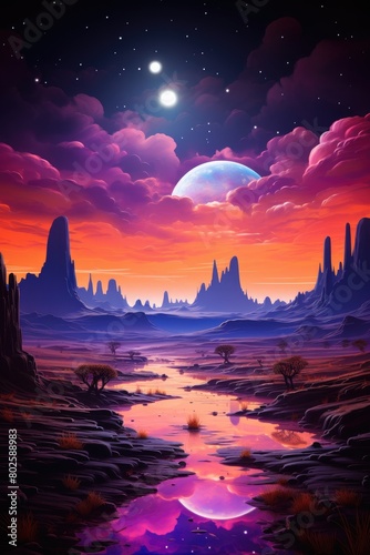 Surreal alien landscape with glowing moons and colorful clouds