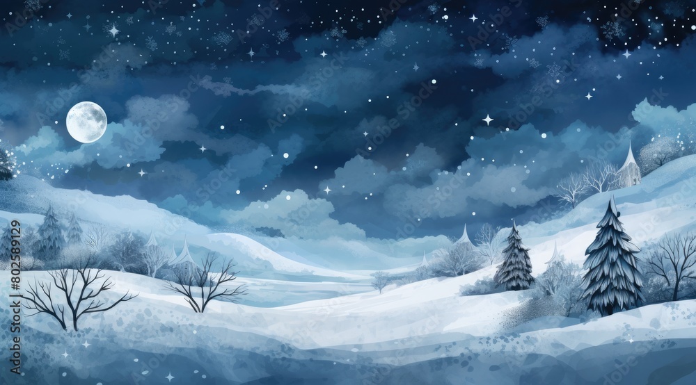 Snowy winter landscape with full moon Snowy winter landscape with full moon