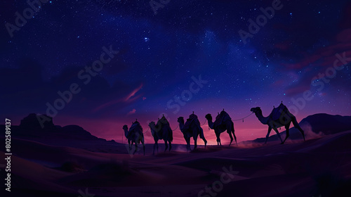 A group of camels are walking across a desert at night. The sky is dark and filled with stars  copy space for text.
