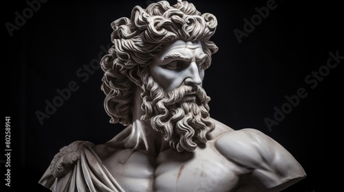 Dramatic portrait of a powerful male figure with intricate curly hair