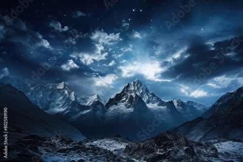 Breathtaking Snowy Mountain Landscape Under Starry Night Sky
