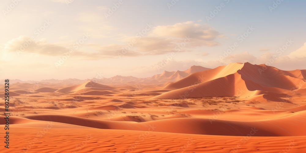 Stunning desert landscape with golden sand dunes and mountains