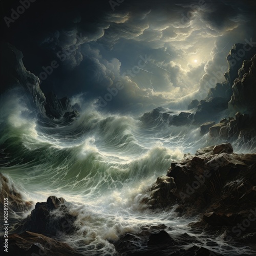 Dramatic stormy seascape with crashing waves and dark clouds
