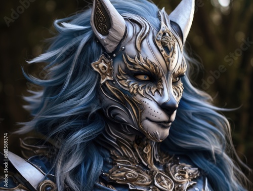 Mystical fantasy creature with ornate armor and flowing blue hair