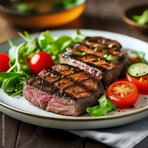 Grilled steak fillet with fresh vegetable salad - generated by ai