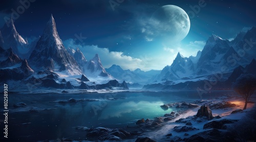 Serene moonlit landscape with snow-capped mountains