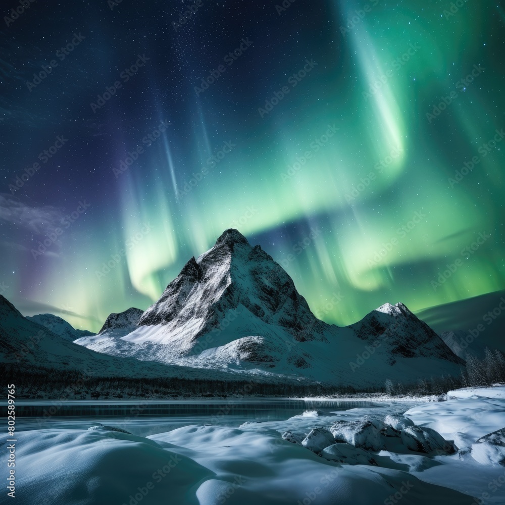 Majestic northern lights over snow-capped mountain