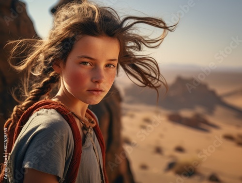 young woman with windblown hair in the desert
