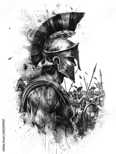 Black and white drawing of a spartan warrior on battlefield. Ancient greek soldier pencil sketch, illustration.
