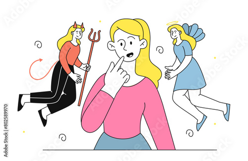 Woman with angel and demon vector linear