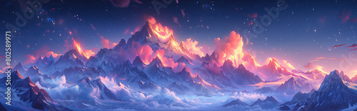 A mountain range panorama with a pinkish hue and a cloudy sky. The mountains are covered in snow and the sky is filled with stars. Pastel colours sky, cumulus clouds, snow capped mountains landscape. photo