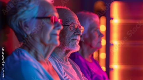 A fitness instructor leading a group of seniors through a lowimpact exercise routine inside an infrared sauna utilizing the saunas heat to enhance the workout.. © Justlight