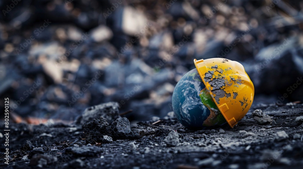 Obraz premium earth globe with a helmet on the background of the sky