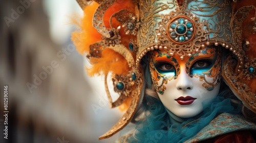 Ornate venetian carnival mask with vibrant colors and intricate details