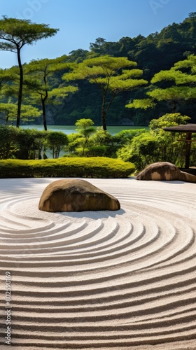 Serene japanese zen garden with raked sand and rocks