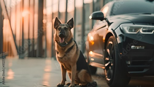 German Shepherd Dog Next to Luxury Car with Ai generated.
 photo