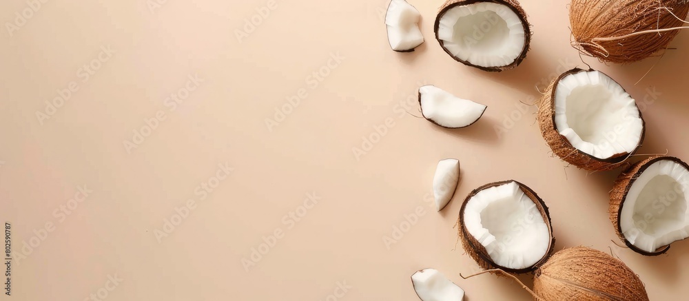 Summer coconut composition on a soft beige backdrop. Flat lay with coconut fruit, top view, and empty space for text.