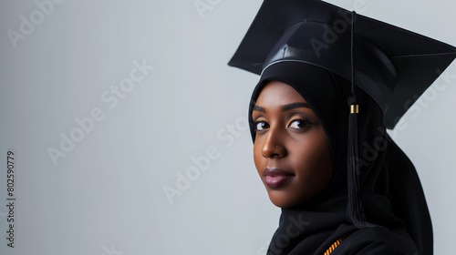  beautiful young African American hijabi woman wearing a black graduation cap and gown, education diversity concept, traditional clothing, eastern headscarf Arabian religious culture, Diploma degree 