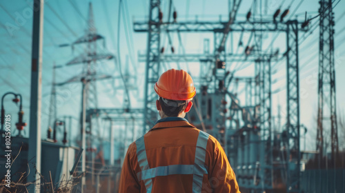 Professional Engineer Inspecting Modern High-Voltage Equipment at Substation