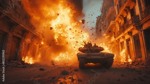 Intense Tank Explosion in Urban Battlefield