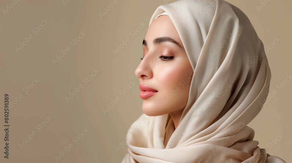 Elegant hijabi woman wearing a beige scarf with copy space area, a beauty and skincare concept. Middle eastern culture beauty and glamour. Fashion diversity concept Elegant hijabi woman wearing a beige scarf with copy space area, a beauty and skincare concept. Middle eastern culture beauty and glamour. Fashion diversity concept