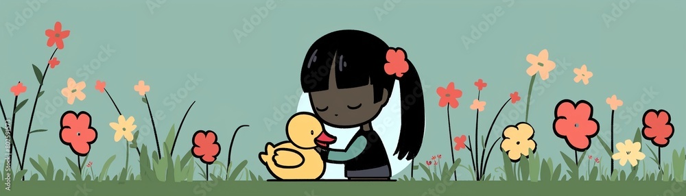 An adorable illustration of a girl holding a duck, with a charmingly cute style, near a bush of colorful flowers An adorable illustration of a girl holding a duck, with a charmingly cute style, near a bush of colorful flowers