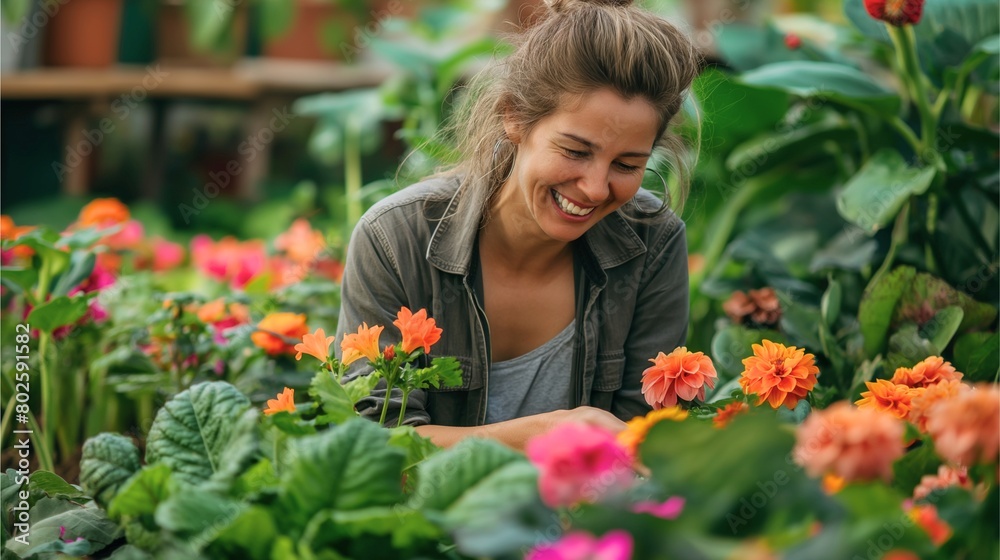 a smiling woman tending to their garden, surrounded by vibrant flowers and lush greenery.