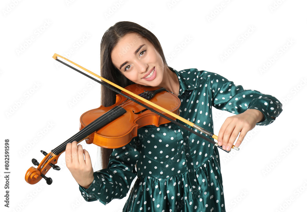 Beautiful woman playing violin on white background Beautiful woman playing violin on white background