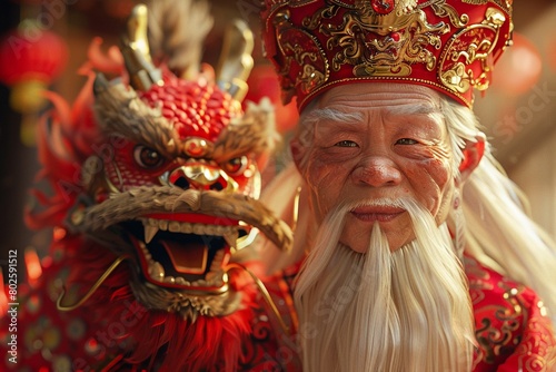A scene featuring the Chinese god of wealth, depicted as an old man, with a charming red Chinese dragon 8K , high-resolution, ultra HD,up32K HD