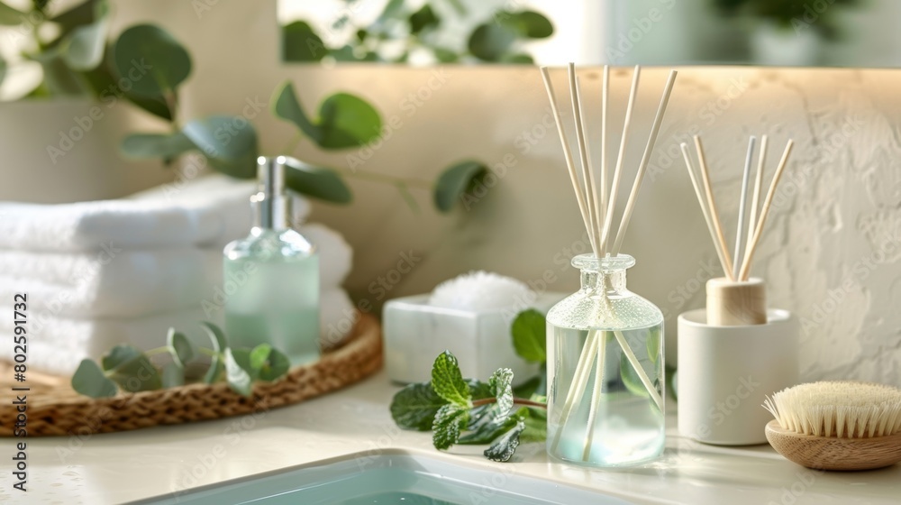 The cool and crisp notes of peppermint and eucalyptus fill the air from a diffuser in a bathroom turning a simple shower into a spalike experience.