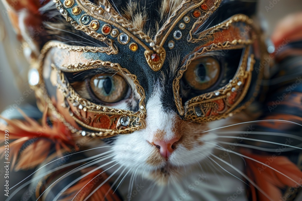 A charming portrait of a cat in an intricately designed masquerade mask, showcasing its playful side 8K , high-resolution, ultra HD,up32K HD