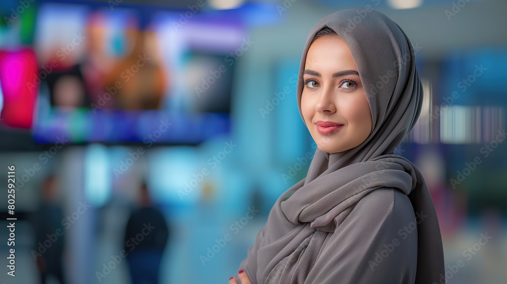 beautiful young Saudi woman wearing a hijab is shown in front of a television news broadcast. Middle eastern Arab female journalism diversity concept beautiful young Saudi woman wearing a hijab is shown in front of a television news broadcast. Middle eastern Arab female journalism diversity concept