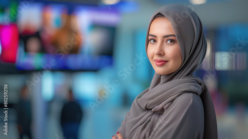 beautiful young Saudi woman wearing a hijab is shown in front of a television news broadcast. Middle eastern Arab female journalism diversity concept 